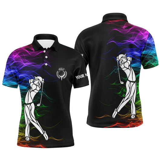 Golf Polo shirts, Personalized Colorful Rainbow Smoke Pattern Black Mens Golf Polo Shirts Custom Golf Tops For Mens