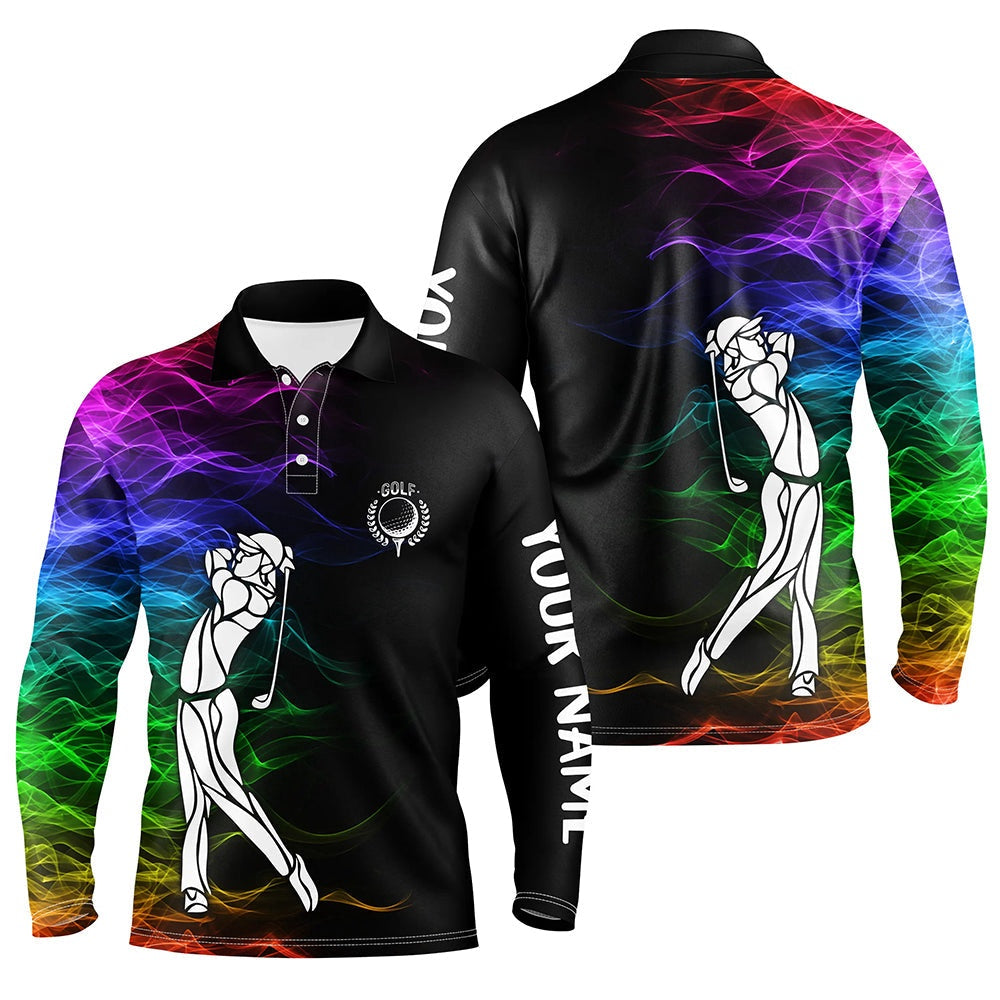 Golf Polo shirts, Personalized Colorful Rainbow Smoke Pattern Black Mens Golf Polo Shirts Custom Golf Tops For Mens