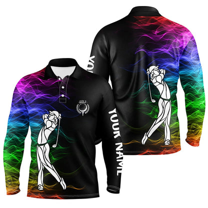 Golf Polo shirts, Personalized Colorful Rainbow Smoke Pattern Black Mens Golf Polo Shirts Custom Golf Tops For Mens
