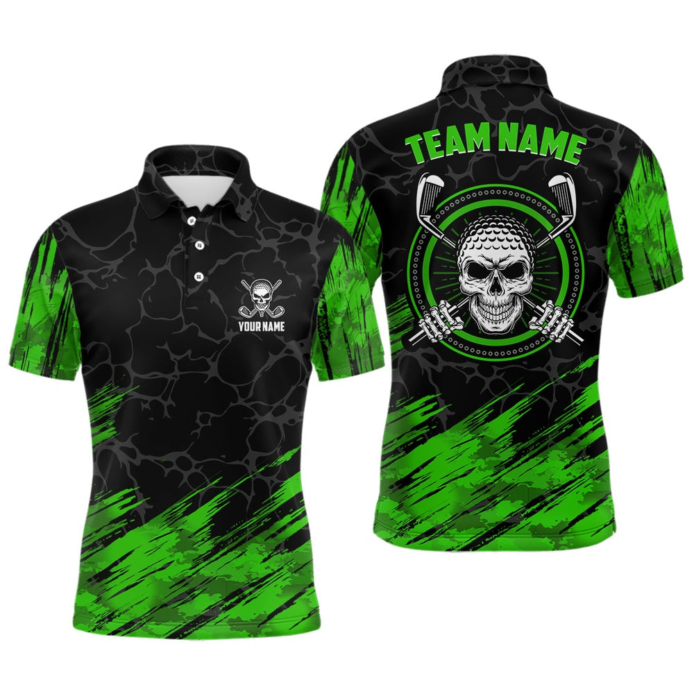 Golf Polo shirts, Personalized D All Over Print Skull Mens Golf Polo Shirt, Green & Black Golf Shirts For Men