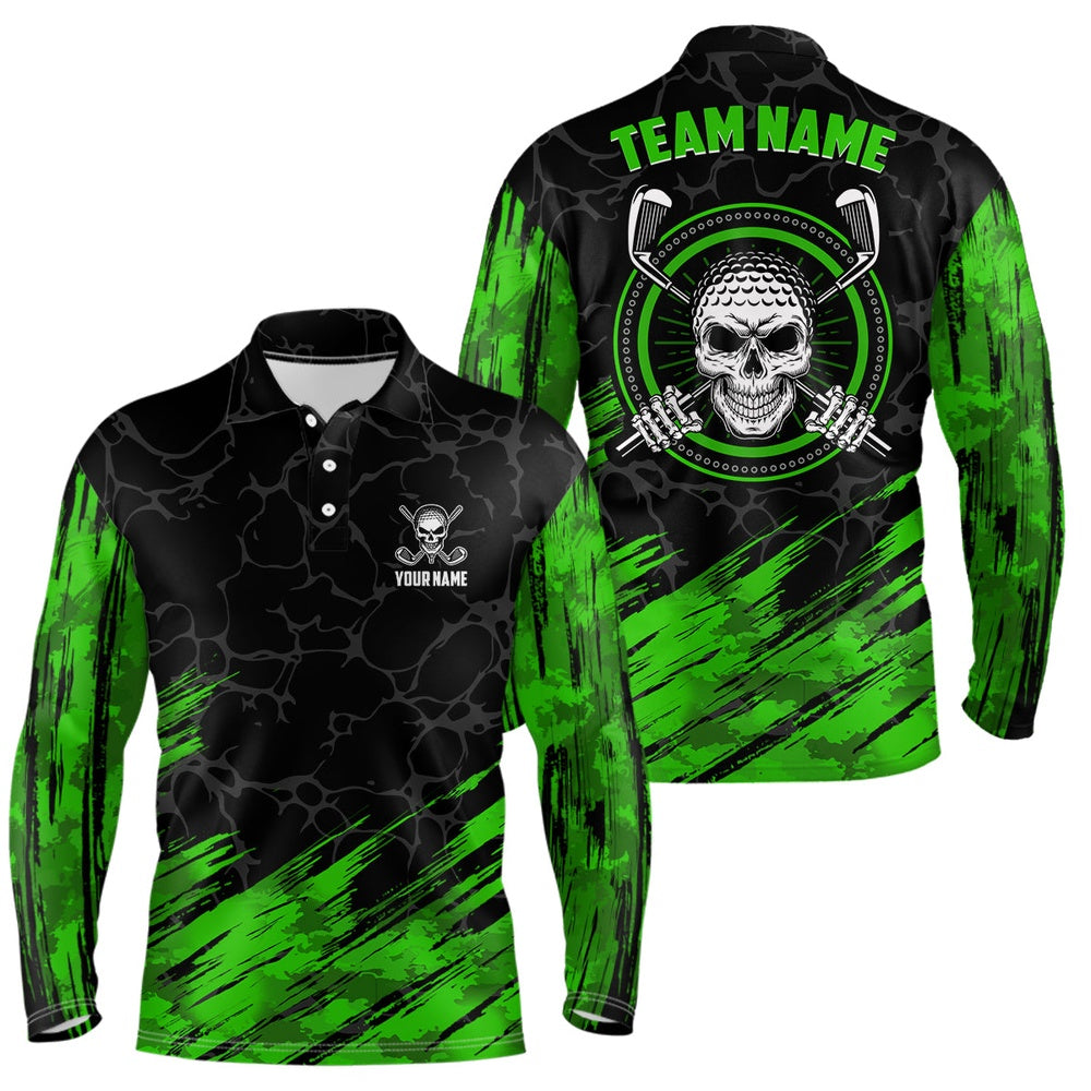 Golf Polo shirts, Personalized D All Over Print Skull Mens Golf Polo Shirt, Green & Black Golf Shirts For Men