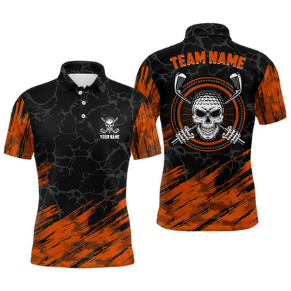 Golf Polo shirts, Personalized D All Over Print Skull Mens Golf Polo Shirt, Orange & Black Golf Shirts For Men