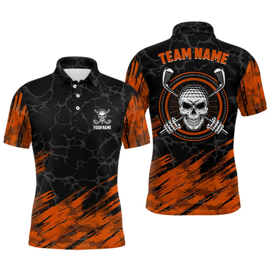 Golf Polo shirts, Personalized D All Over Print Skull Mens Golf Polo Shirt, Orange & Black Golf Shirts For Men