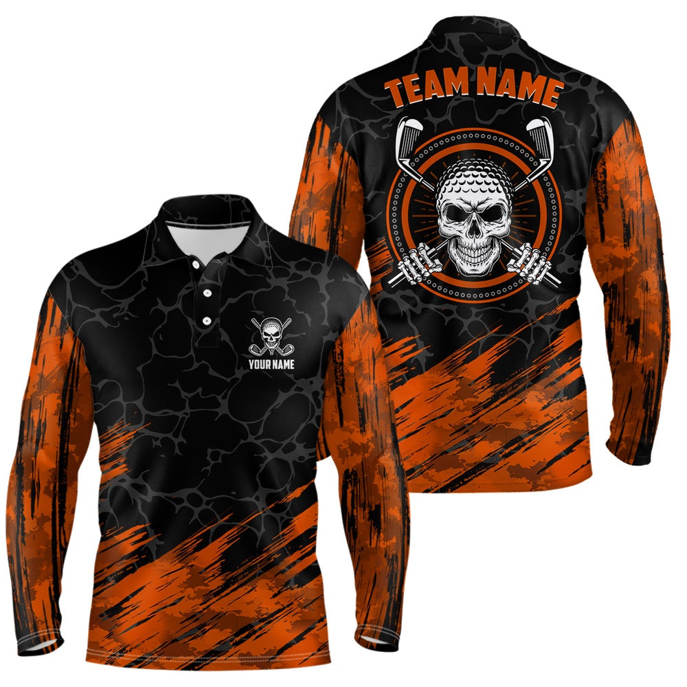 Golf Polo shirts, Personalized D All Over Print Skull Mens Golf Polo Shirt, Orange & Black Golf Shirts For Men