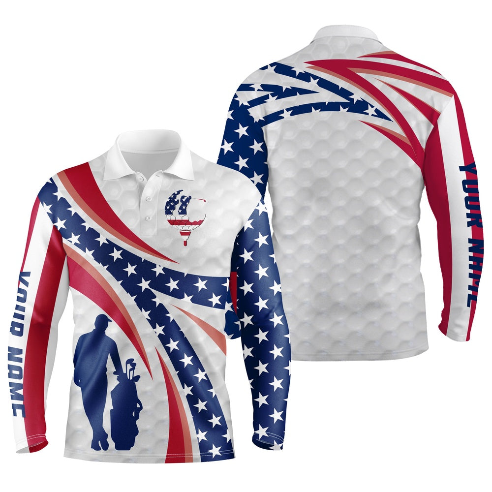 Golf Polo shirts, Personalized Golf Polo Shirts American Flag White Custom Name Mens Long Sleeve Golf Tops, Golfing Gift
