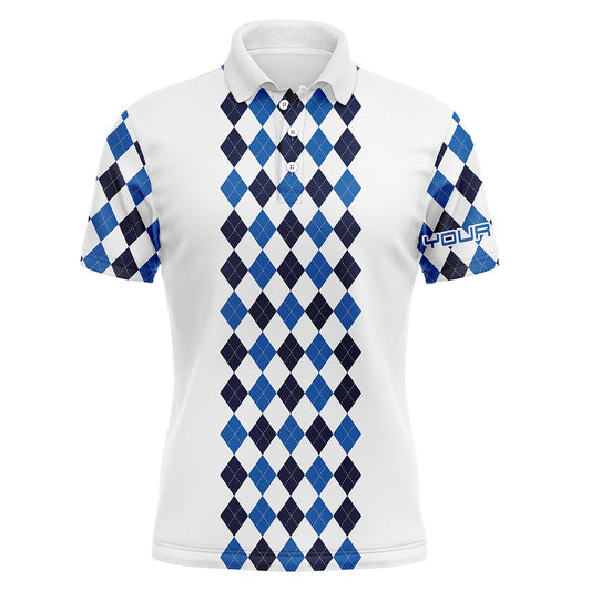 Golf Polo shirts, Personalized Golf Polo Shirts For Men Blue Pattern White Long Sleeve Golf Shirts Gifts