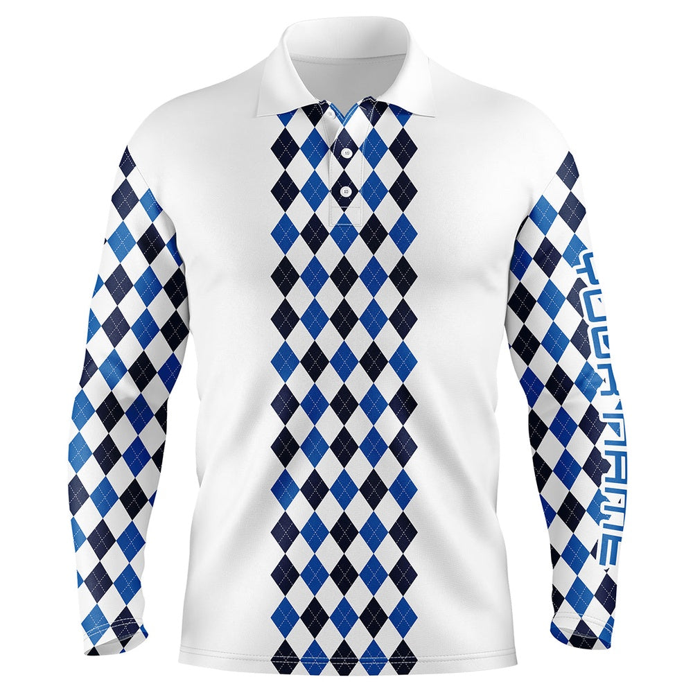 Golf Polo shirts, Personalized Golf Polo Shirts For Men Blue Pattern White Long Sleeve Golf Shirts Gifts