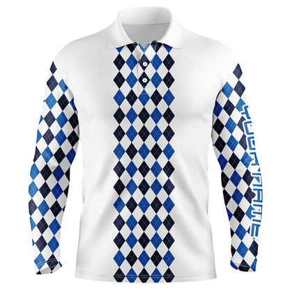 Golf Polo shirts, Personalized Golf Polo Shirts For Men Blue Pattern White Long Sleeve Golf Shirts Gifts