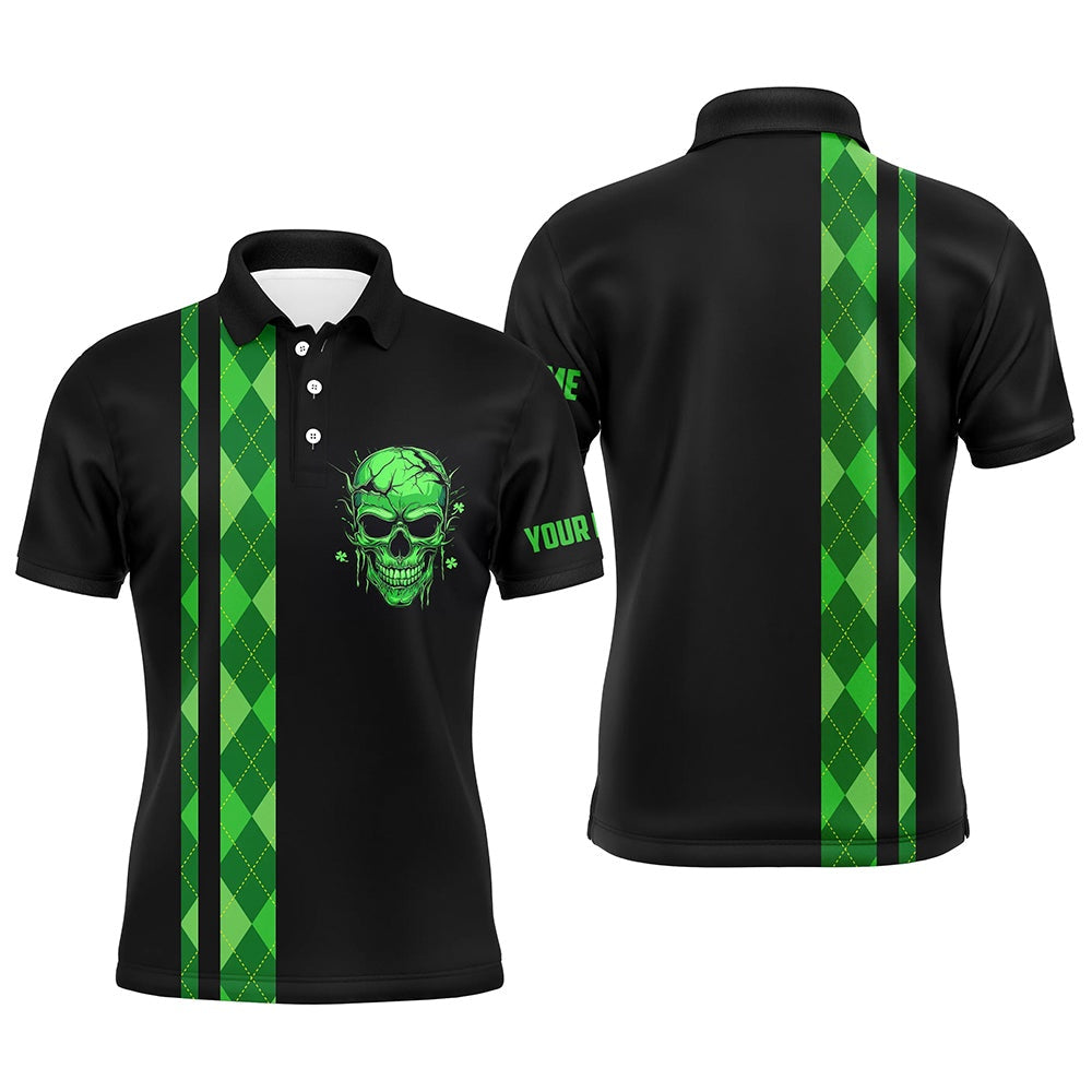 Golf Polo shirts, Personalized Green Argyle Plaid Skull Mens Golf Polo Shirts, Custom Black Golf Apparel For Mens
