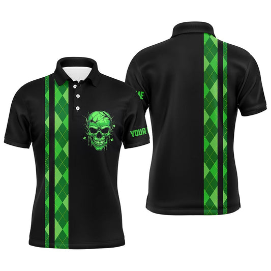 Golf Polo shirts, Personalized Green Argyle Plaid Skull Mens Golf Polo Shirts, Custom Black Golf Apparel For Mens