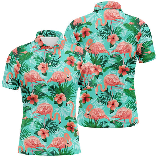 Golf Polo shirts, Personalized Green Tropical Pink Flamingo Pattern Custom Mens Golf Polo Shirts, Mens Golf Wears