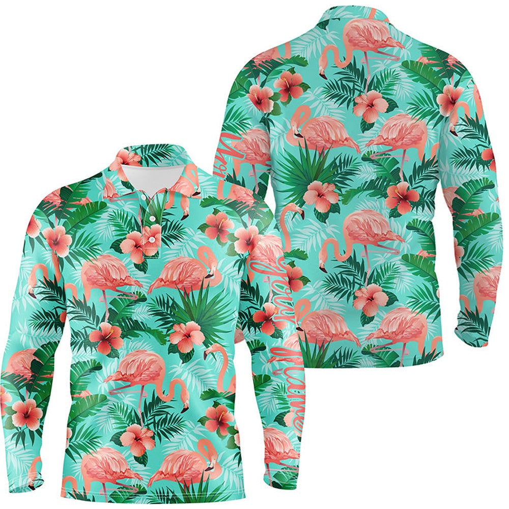 Golf Polo shirts, Personalized Green Tropical Pink Flamingo Pattern Custom Mens Golf Polo Shirts, Mens Golf Wears