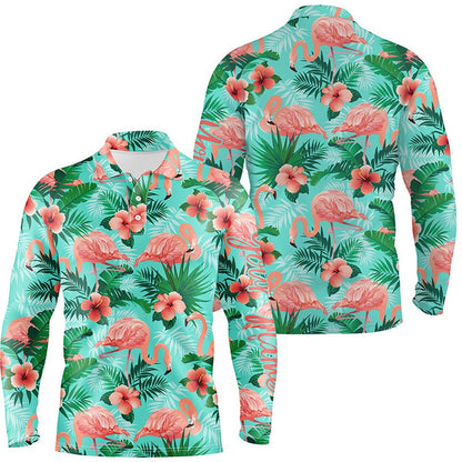 Golf Polo shirts, Personalized Green Tropical Pink Flamingo Pattern Custom Mens Golf Polo Shirts, Mens Golf Wears