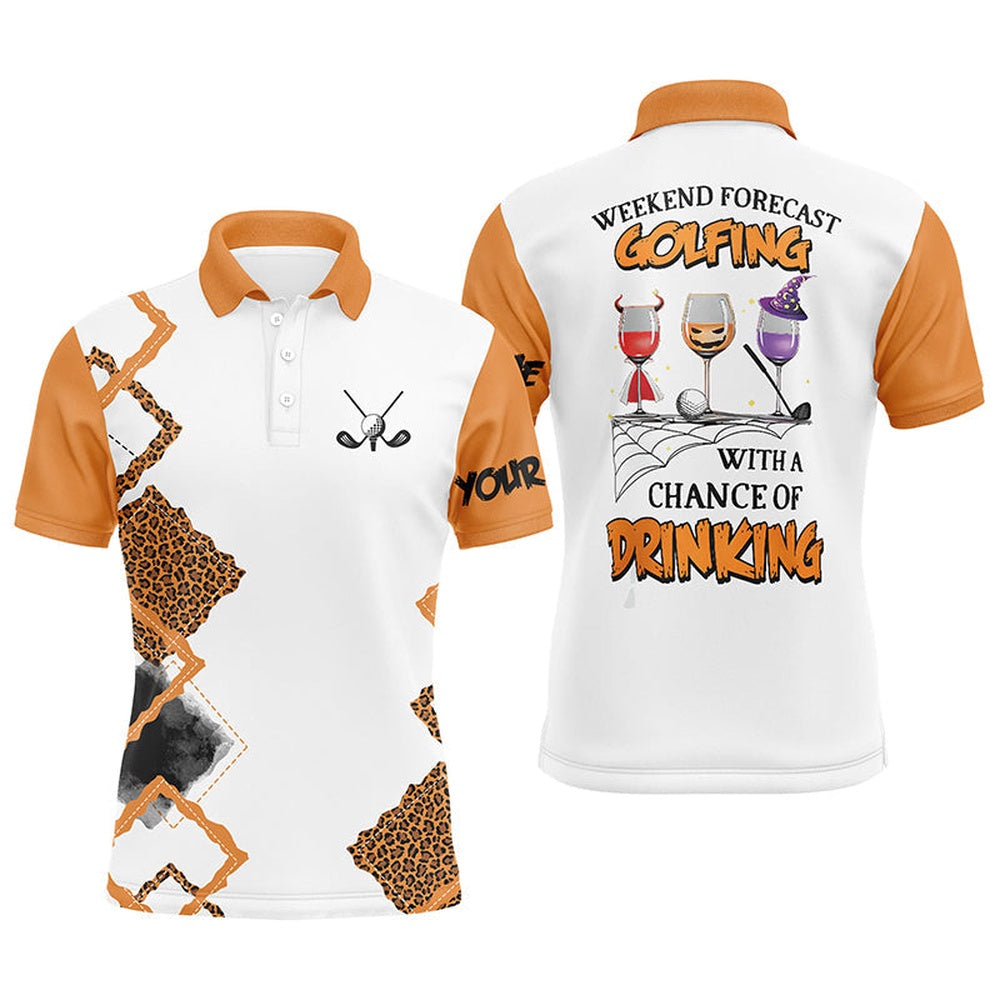 Golf Polo shirts, Personalized Leopard Halloween Mens Golf Polo Shirts Weekend Forecast Golfing With Chance Of Drinking