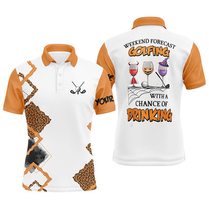 Golf Polo shirts, Personalized Leopard Halloween Mens Golf Polo Shirts Weekend Forecast Golfing With Chance Of Drinking