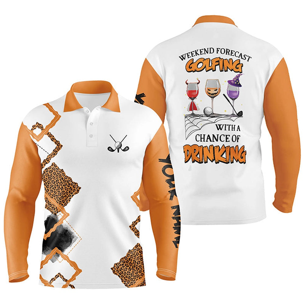 Golf Polo shirts, Personalized Leopard Halloween Mens Golf Polo Shirts Weekend Forecast Golfing With Chance Of Drinking