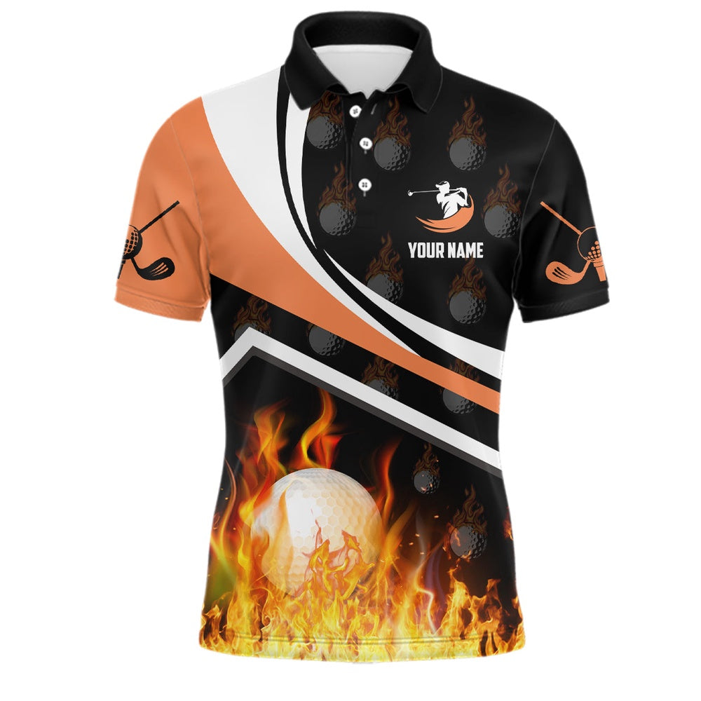 Golf Polo shirts, Personalized Mens Golf Ball Fire Flame Orange Style Custom Golf Shirts For Men