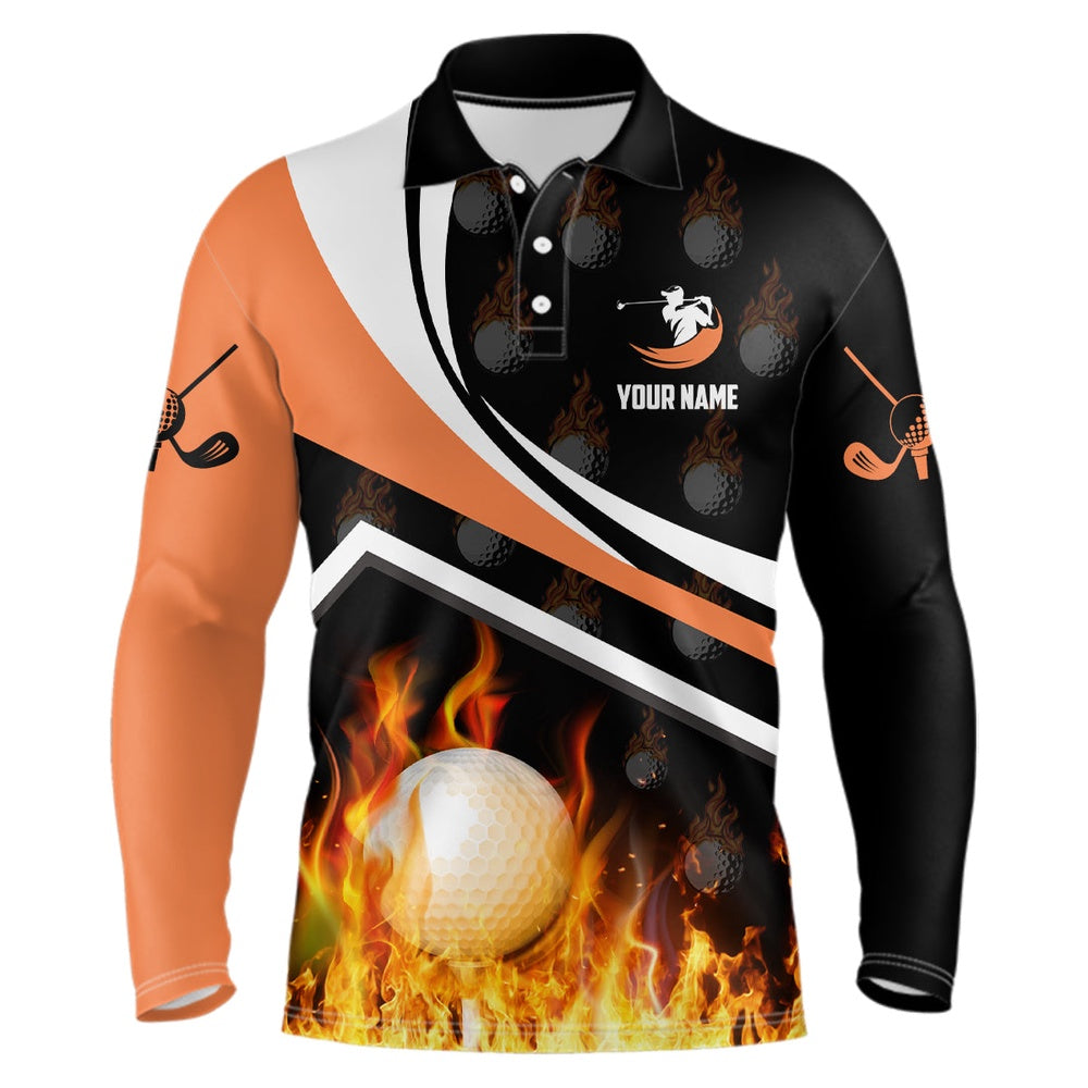 Golf Polo shirts, Personalized Mens Golf Ball Fire Flame Orange Style Custom Golf Shirts For Men