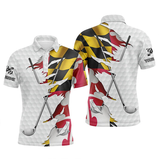 Golf Polo shirts, Personalized Mens Golf Polo Shirts Custom White Golf Ball Skin Maryland Flag Patriot Mens Golf Apparel