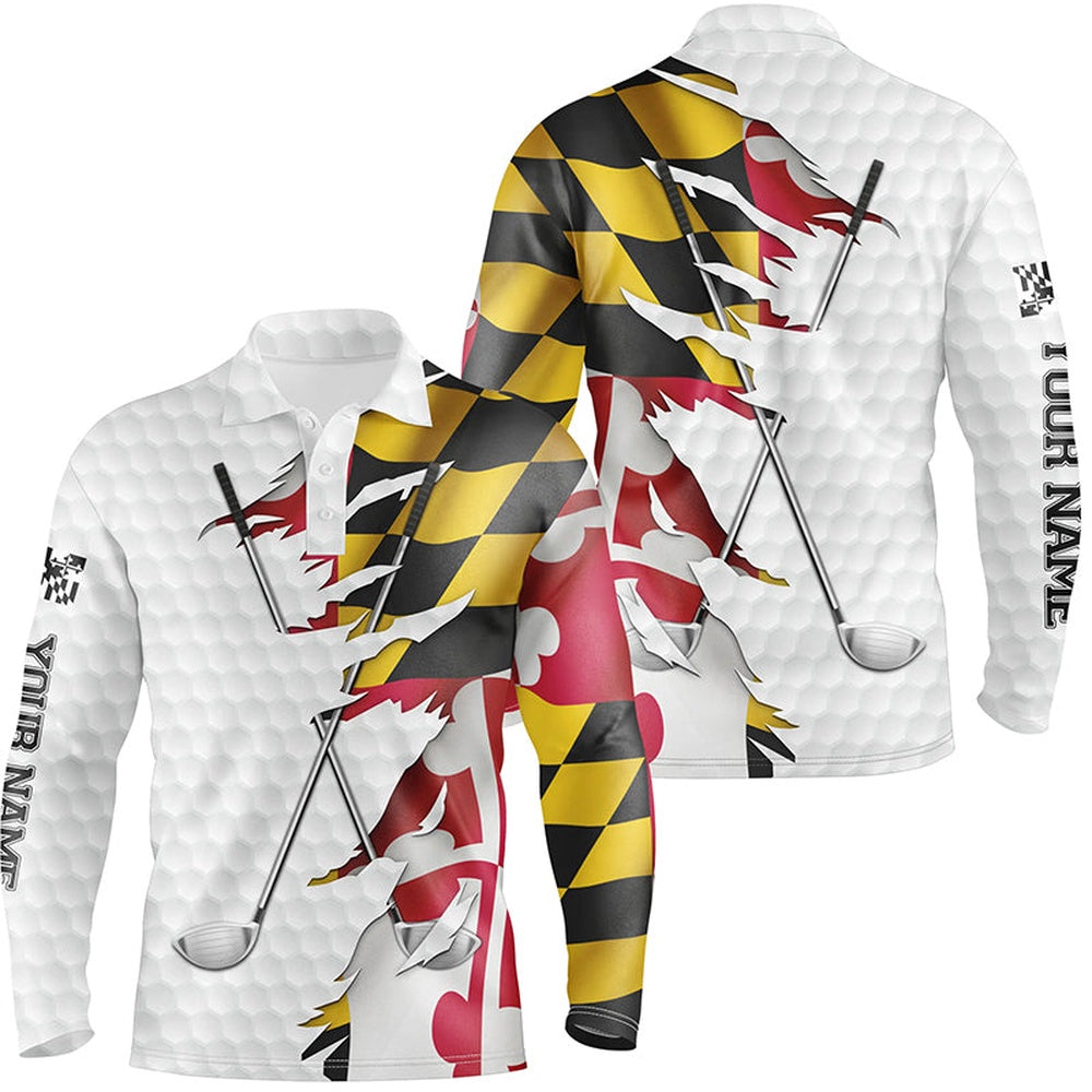 Golf Polo shirts, Personalized Mens Golf Polo Shirts Custom White Golf Ball Skin Maryland Flag Patriot Mens Golf Apparel