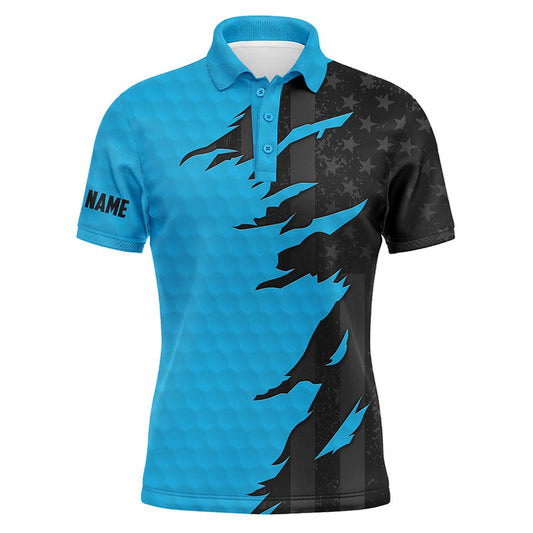 Golf Polo shirts, Personalized Mens Golf Polos Shirts Custom Blue Golf Ball Skin Black American Flag Mens Golf Apparel