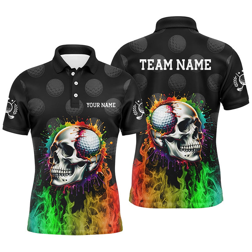 Golf Polo shirts, Personalized Mens Golf Polos Shirts Custom Rainbow Flame Skull Fire Black Golf Apparel For Men