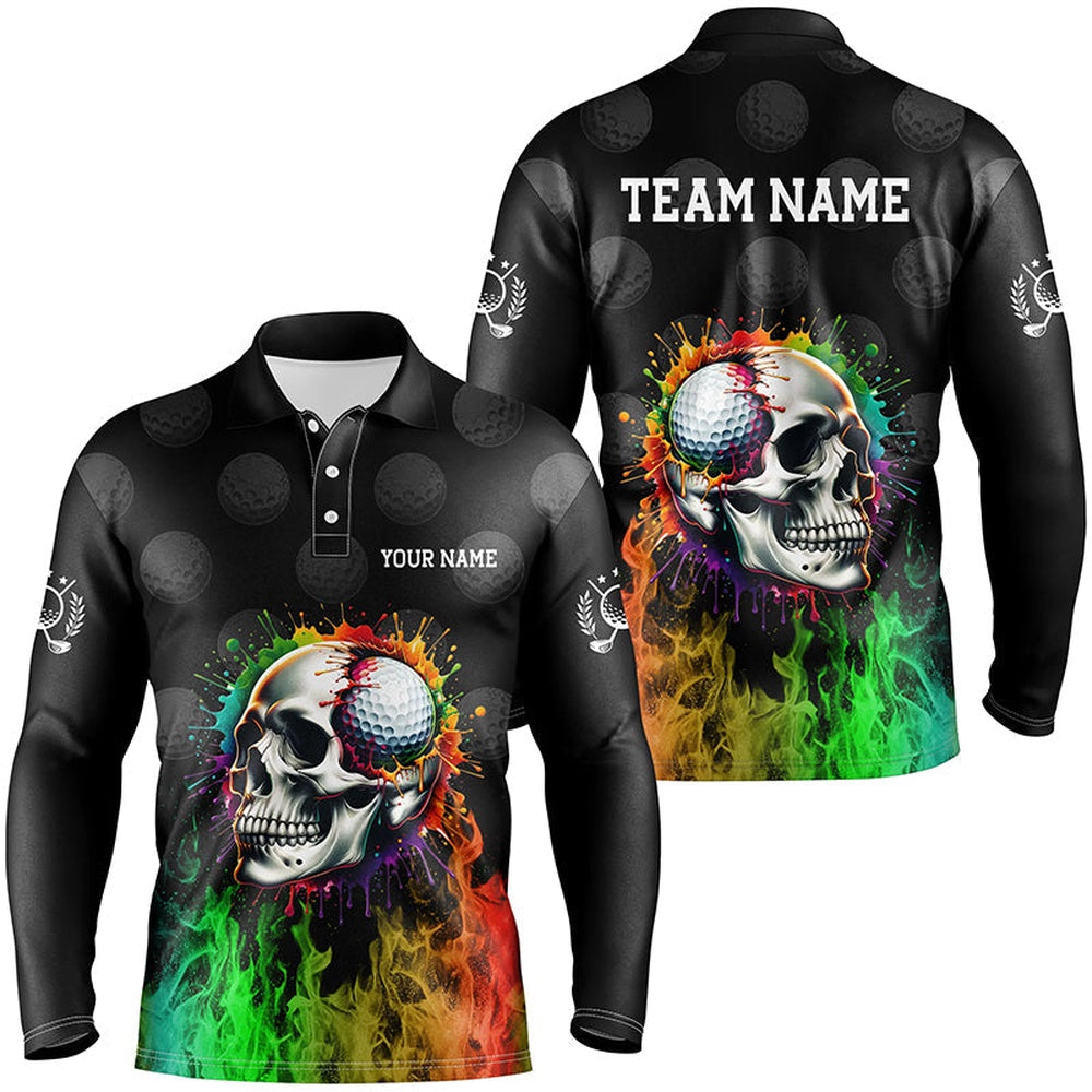 Golf Polo shirts, Personalized Mens Golf Polos Shirts Custom Rainbow Flame Skull Fire Black Golf Apparel For Men