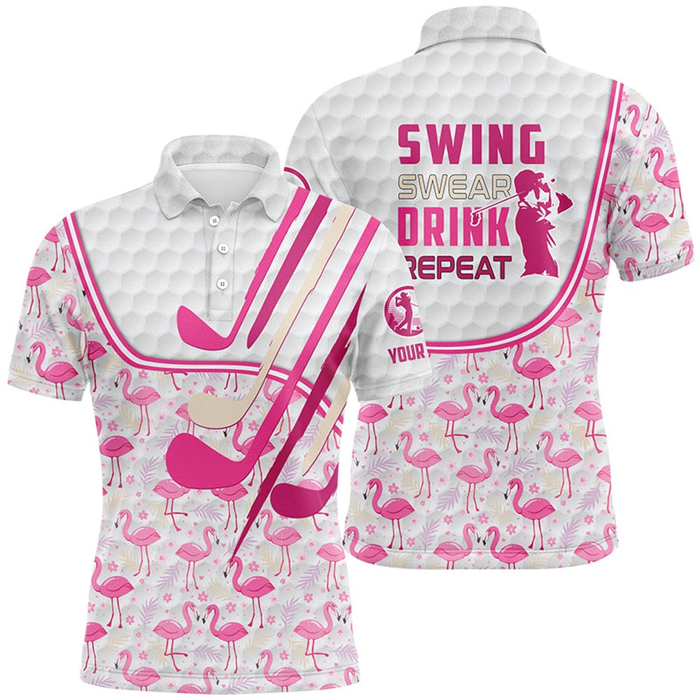 Golf Polo shirts, Personalized Pink Flamingo Pattern Golf Clubs Polo Shirt For Men Custom Swing, Swear, Drink, Repeat