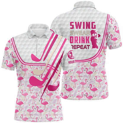 Golf Polo shirts, Personalized Pink Flamingo Pattern Golf Clubs Polo Shirt For Men Custom Swing, Swear, Drink, Repeat