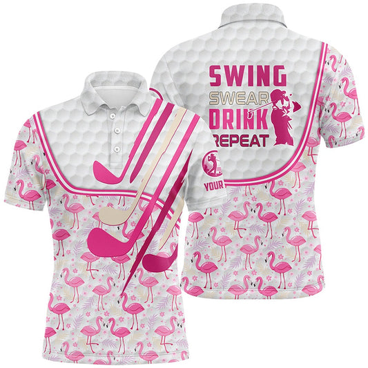 Golf Polo shirts, Personalized Pink Flamingo Pattern Golf Clubs Polo Shirt For Men Custom Swing, Swear, Drink, Repeat