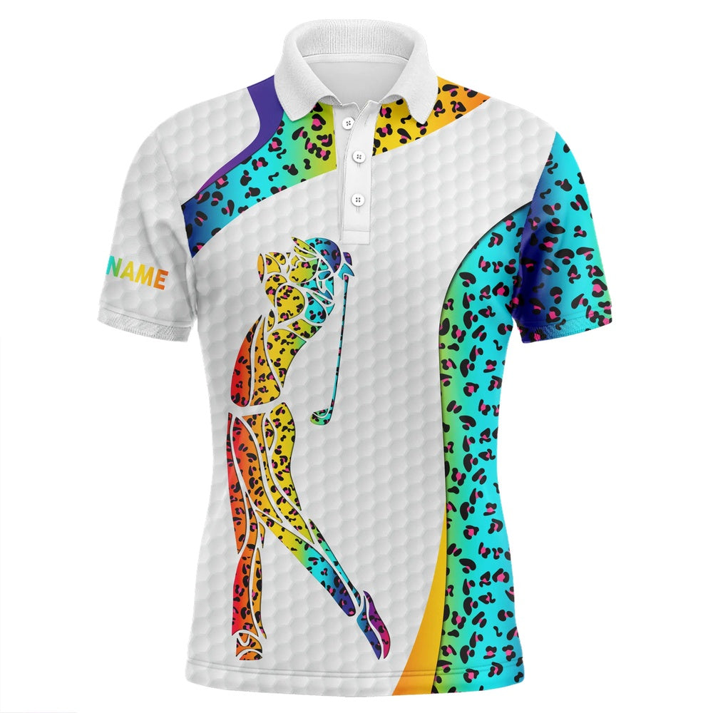 Golf Polo shirts, Personalized Rainbow Neon Leopard Golf White Mens Golf Polo Shirts Custom Name Golf Gifts For Men