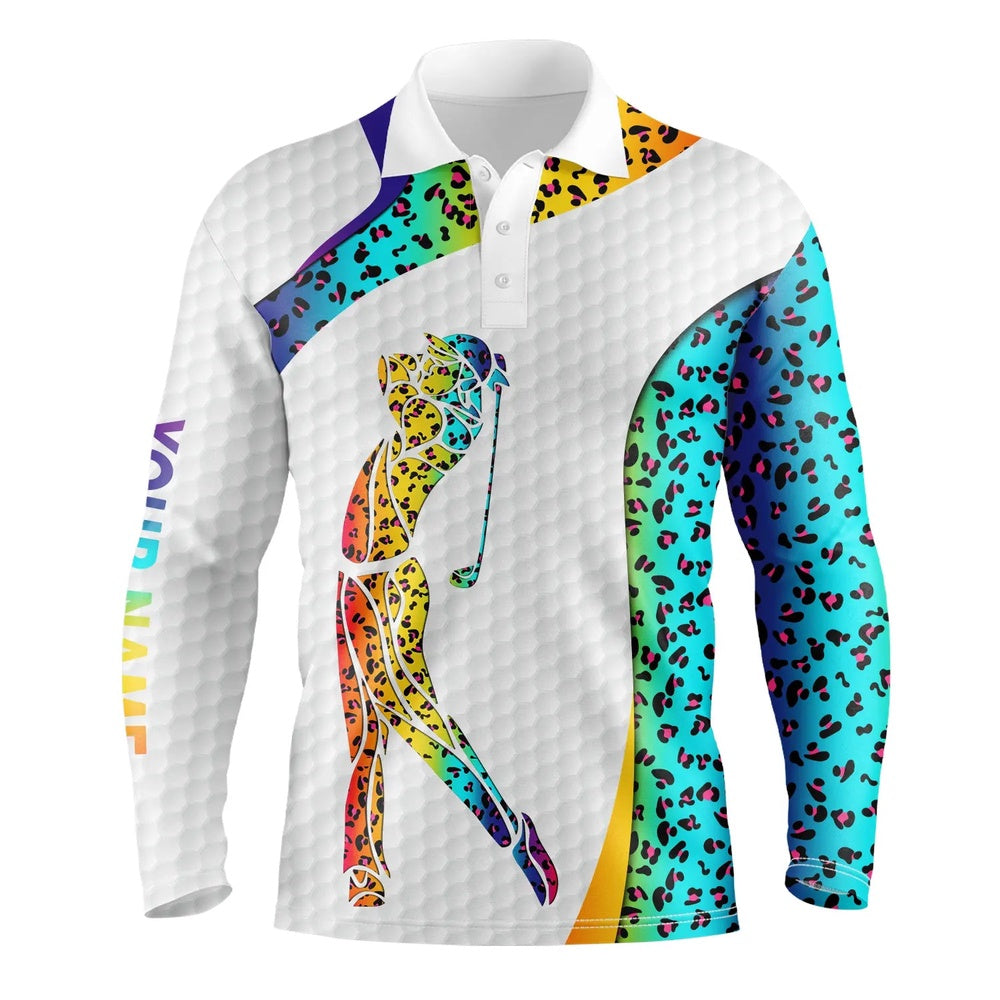 Golf Polo shirts, Personalized Rainbow Neon Leopard Golf White Mens Golf Polo Shirts Custom Name Golf Gifts For Men