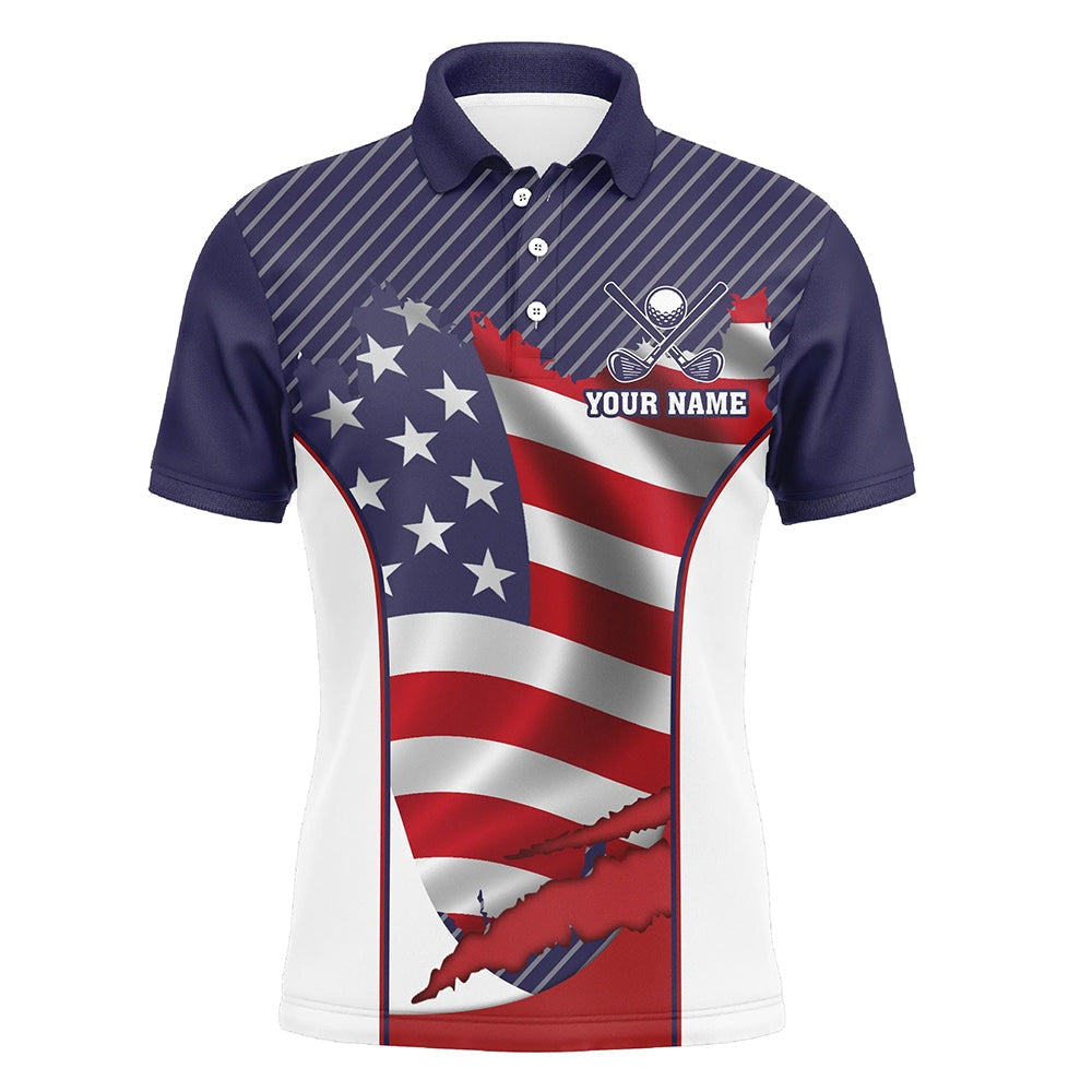 Golf Polo shirts, Personalized Red, White, And Blue American Flag Mens Golf Polo Shirts, Custom Golf Tops For Mens
