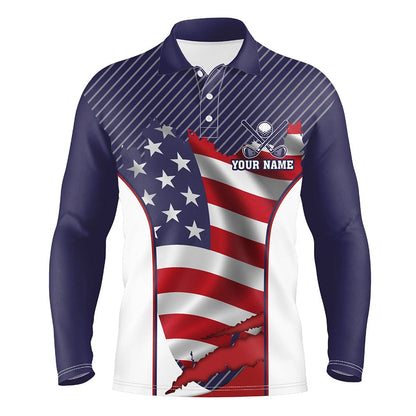 Golf Polo shirts, Personalized Red, White, And Blue American Flag Mens Golf Polo Shirts, Custom Golf Tops For Mens