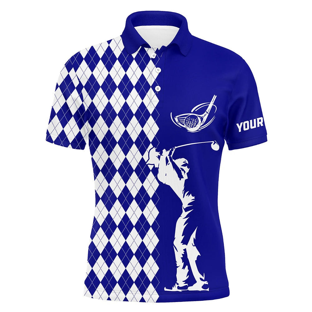 Golf Polo shirts, Personalized White Argyle Plaid Pattern Mens Golf Polo Shirts, Custom Blue Golf Tops For Mens