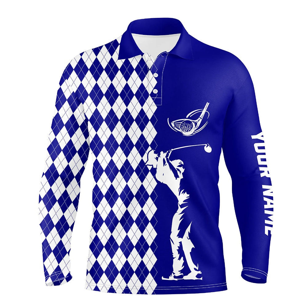 Golf Polo shirts, Personalized White Argyle Plaid Pattern Mens Golf Polo Shirts, Custom Blue Golf Tops For Mens