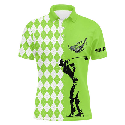 Golf Polo shirts, Personalized White Argyle Plaid Pattern Mens Golf Polo Shirts, Custom Green Golf Tops For Mens