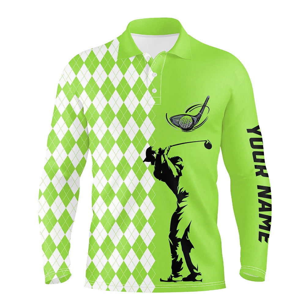 Golf Polo shirts, Personalized White Argyle Plaid Pattern Mens Golf Polo Shirts, Custom Green Golf Tops For Mens
