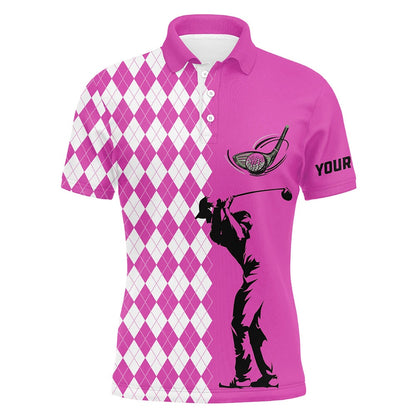 Golf Polo shirts, Personalized White Argyle Plaid Pattern Mens Golf Polo Shirts, Custom Pink Golf Tops For Mens