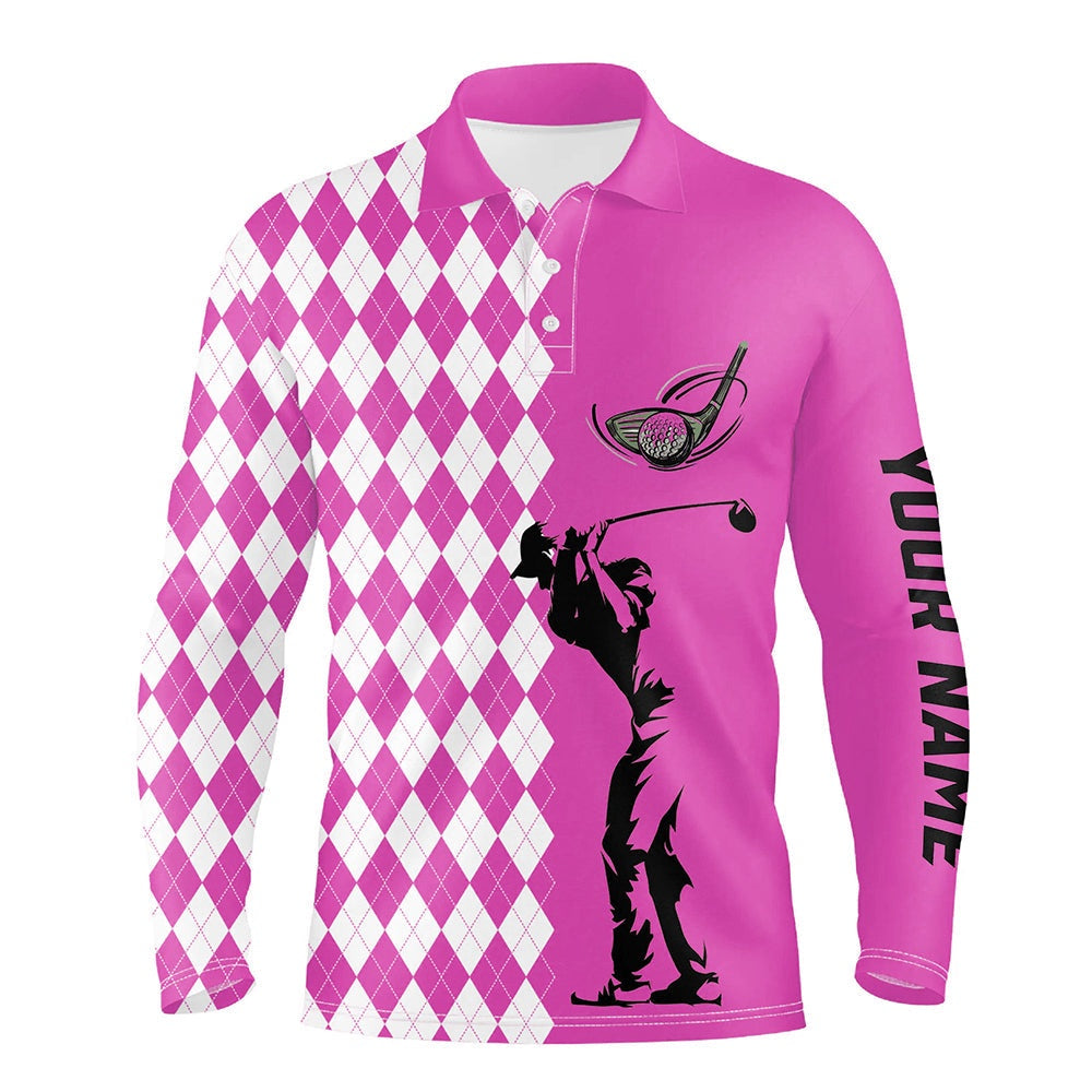 Golf Polo shirts, Personalized White Argyle Plaid Pattern Mens Golf Polo Shirts, Custom Pink Golf Tops For Mens