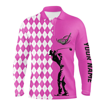Golf Polo shirts, Personalized White Argyle Plaid Pattern Mens Golf Polo Shirts, Custom Pink Golf Tops For Mens