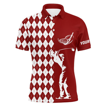 Golf Polo shirts, Personalized White Argyle Plaid Pattern Mens Golf Polo Shirts, Custom Red Golf Tops For Mens