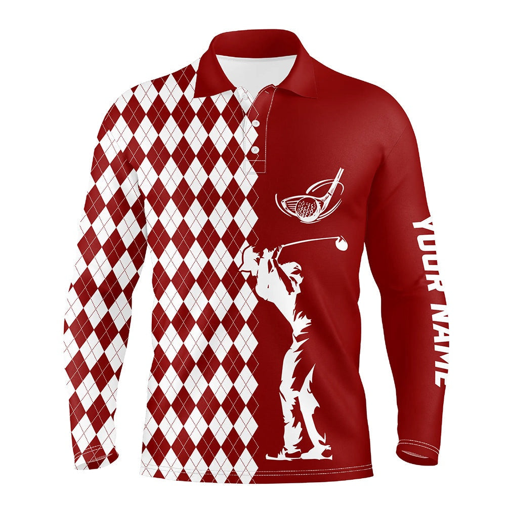 Golf Polo shirts, Personalized White Argyle Plaid Pattern Mens Golf Polo Shirts, Custom Red Golf Tops For Mens