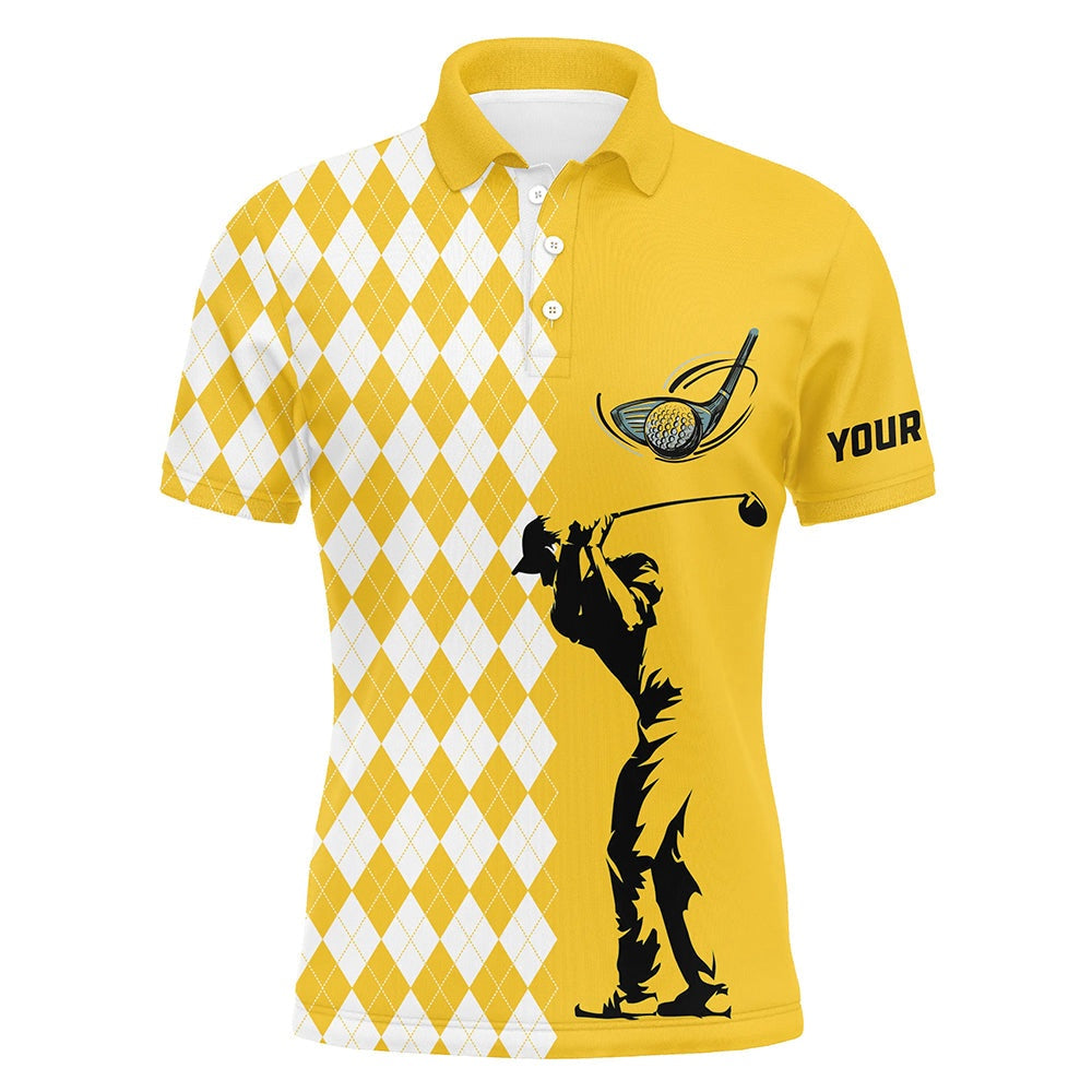 Golf Polo shirts, Personalized White Argyle Plaid Pattern Mens Golf Polo Shirts, Custom Yellow Golf Tops For Mens