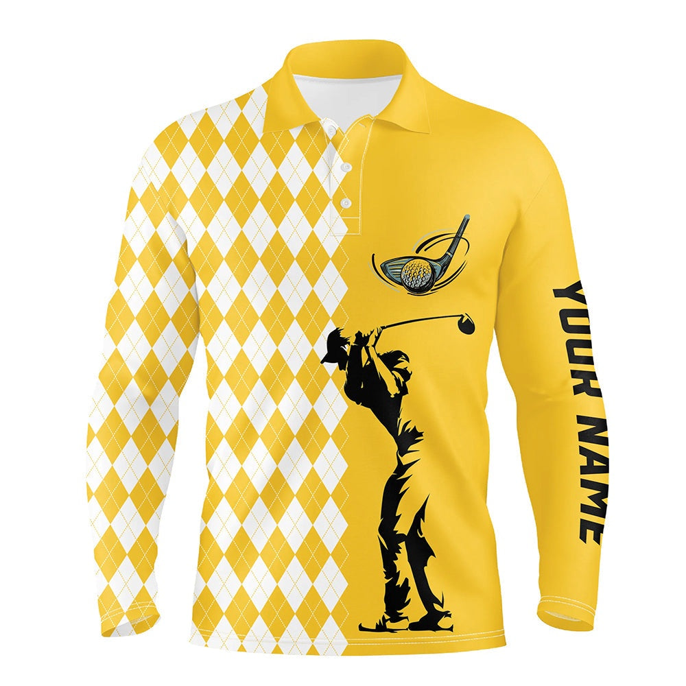 Golf Polo shirts, Personalized White Argyle Plaid Pattern Mens Golf Polo Shirts, Custom Yellow Golf Tops For Mens