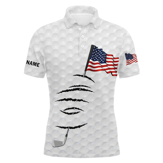 Golf Polo shirts, Personalized White Golf Polos Shirt For Men American Flag Th July Custom Name Gifts For Golf Lovers