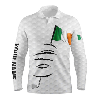 Golf Polo shirts, Personalized White Golf Polos Shirt For Men Ireland Flag Patriotic Custom Name Gifts For Golf Lovers