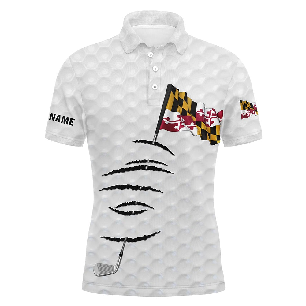 Golf Polo shirts, Personalized White Golf Polos Shirt For Men Maryland Flag Patriotic Custom Name Gifts For Golf Lovers
