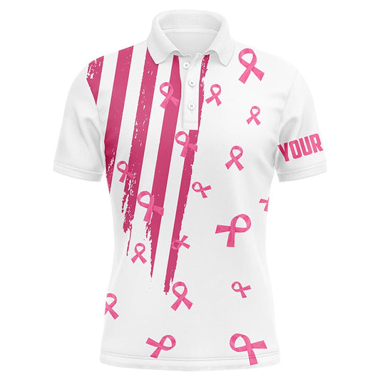 Golf Polo shirts, Personalized White Golf Polos Shirt For Men Pink Ribbon Breast Cancer Awareness Mens Golf Top