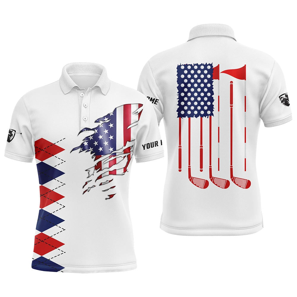 Golf Polo shirts, Personalized White Golf Polos Shirts For Mens American Flag Th July Custom Best Mens Golf Wears